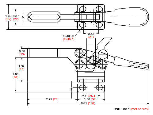 Large Horizontal Handle Toggle Clamp 500 lb Capacity Drawing