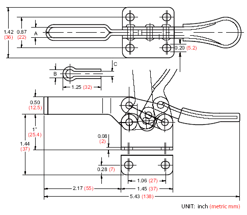 Small Horizontal Handle Toggle Clamp 200 lb Capacity Drawing